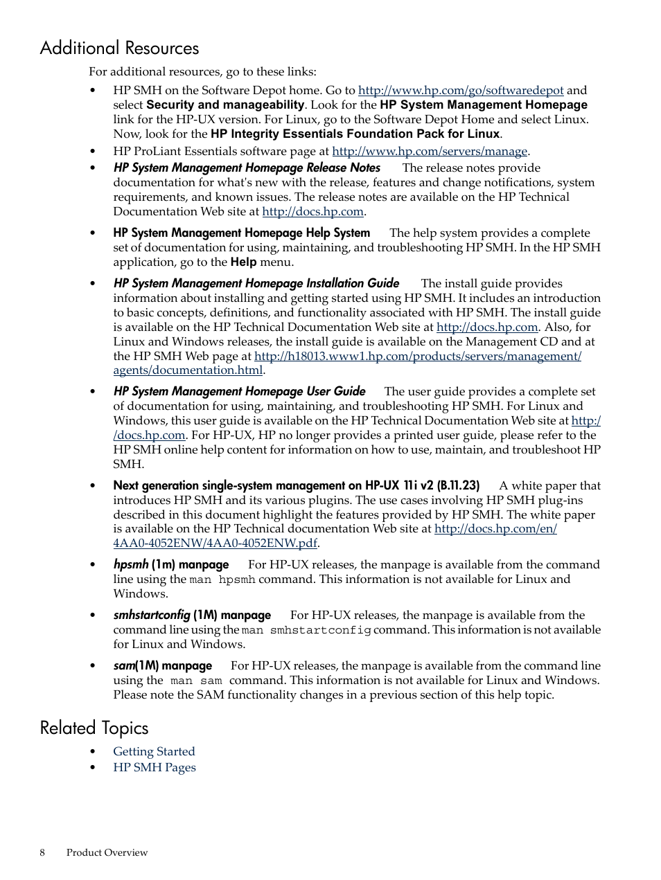 Additional resources, Related topics, Additional resources related topics | HP System Management Homepage-Software User Manual | Page 8 / 60