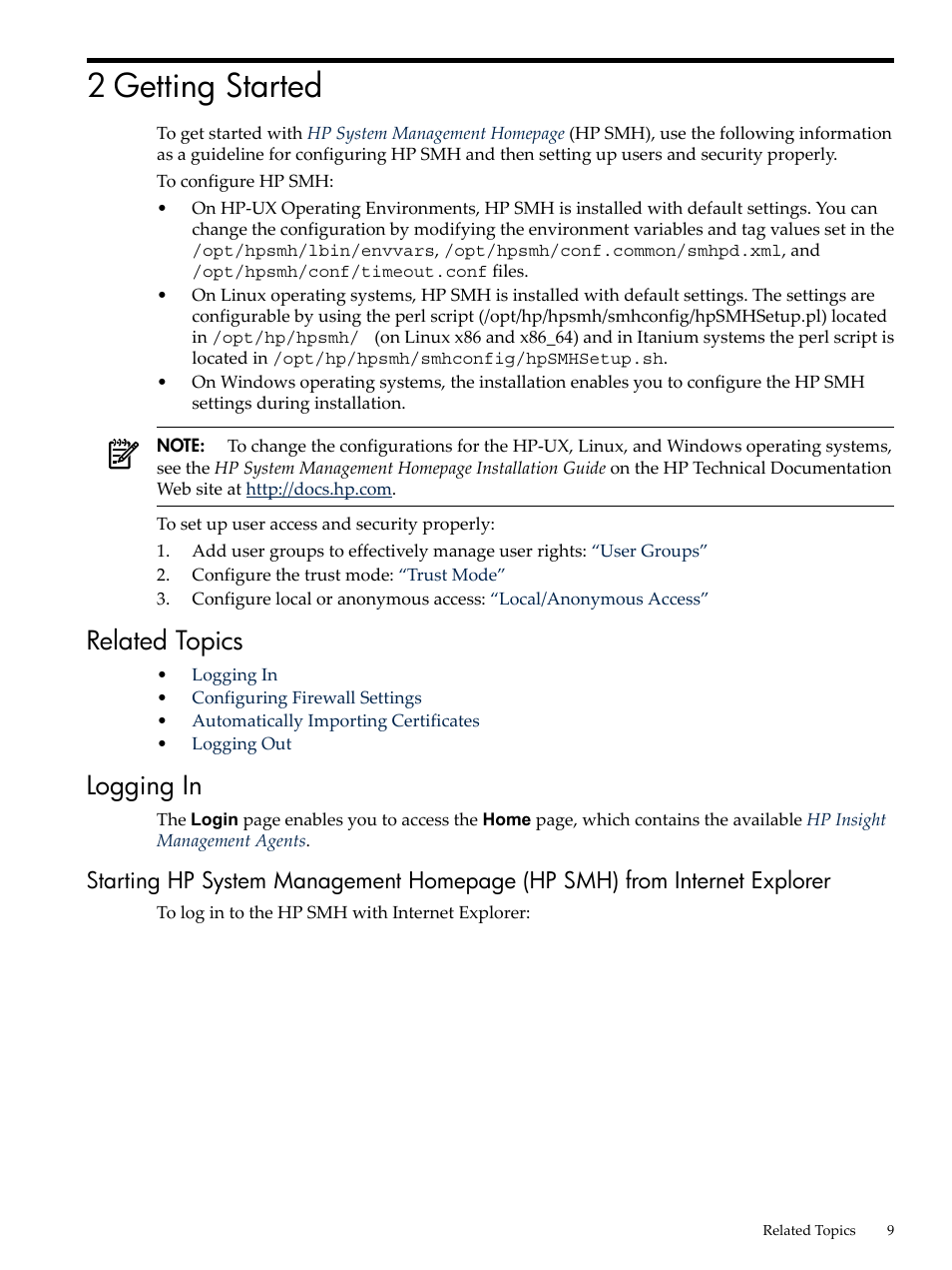 2 getting started, Related topics, Logging in | Related topics logging in | HP System Management Homepage-Software User Manual | Page 9 / 60