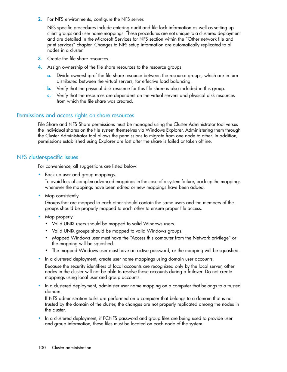 Permissions and access rights on share resources, Nfs cluster-specific issues, 100 nfs cluster-specific issues | HP StorageWorks X3000 Network Storage Systems User Manual | Page 100 / 130