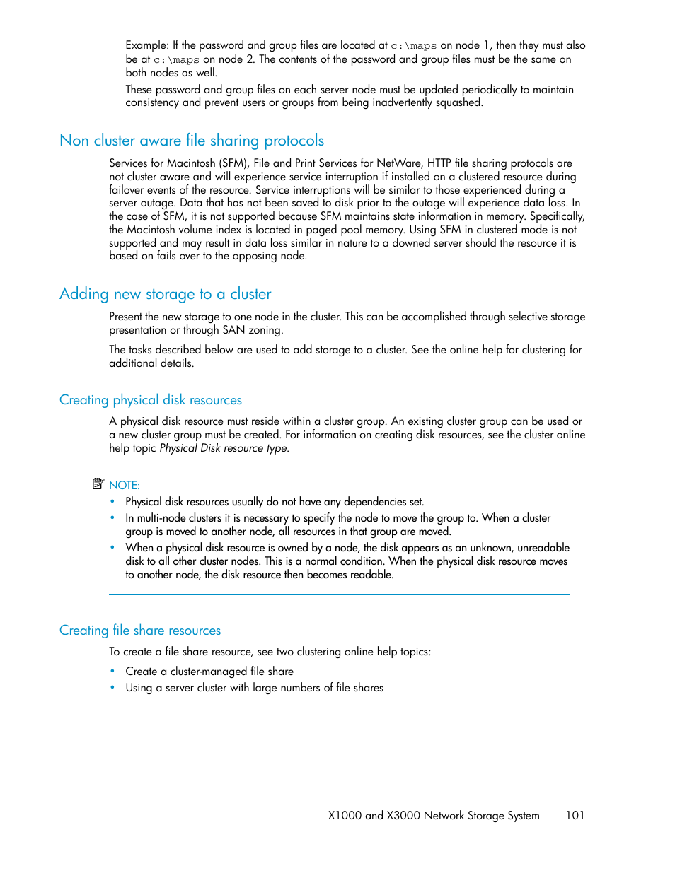 Non cluster aware file sharing protocols, Adding new storage to a cluster, Creating physical disk resources | Creating file share resources, 101 adding new storage to a cluster, 101 creating file share resources | HP StorageWorks X3000 Network Storage Systems User Manual | Page 101 / 130