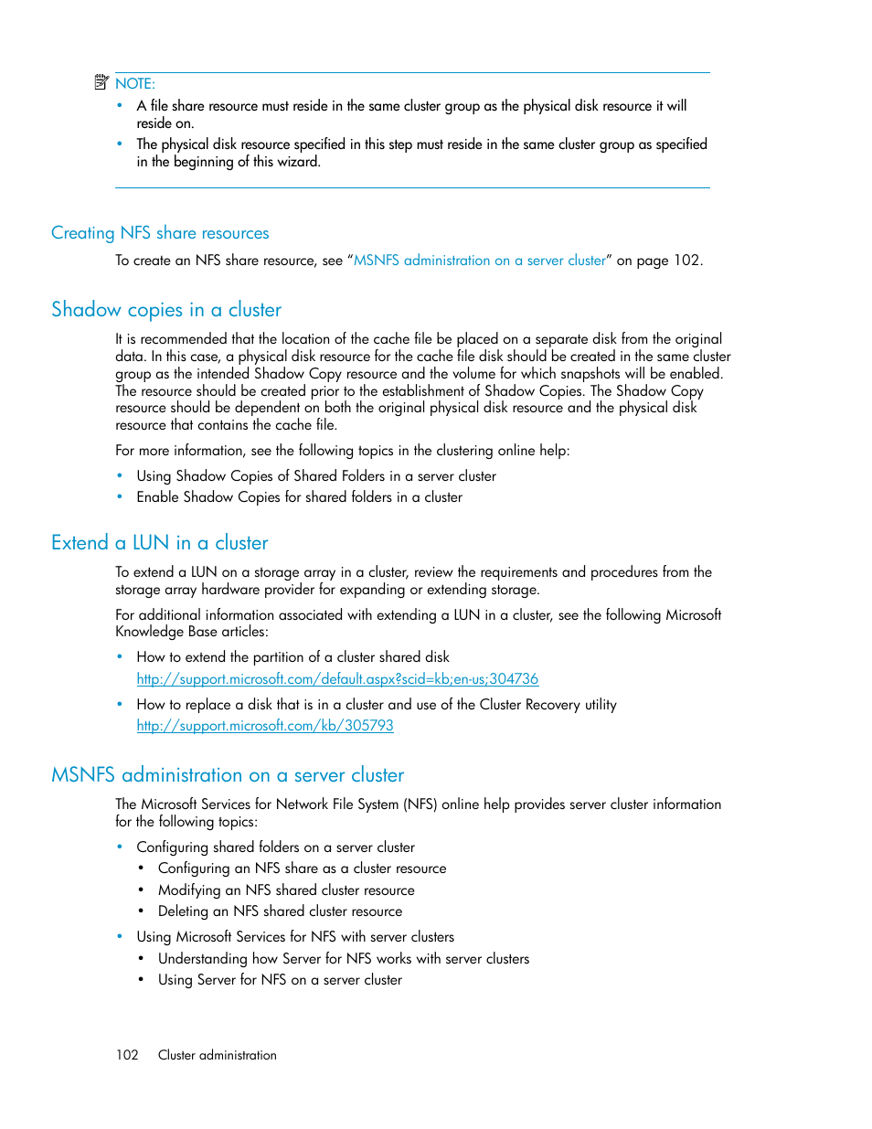 Creating nfs share resources, Shadow copies in a cluster, Extend a lun in a cluster | Msnfs administration on a server cluster, 102 extend a lun in a cluster, 102 msnfs administration on a server cluster | HP StorageWorks X3000 Network Storage Systems User Manual | Page 102 / 130