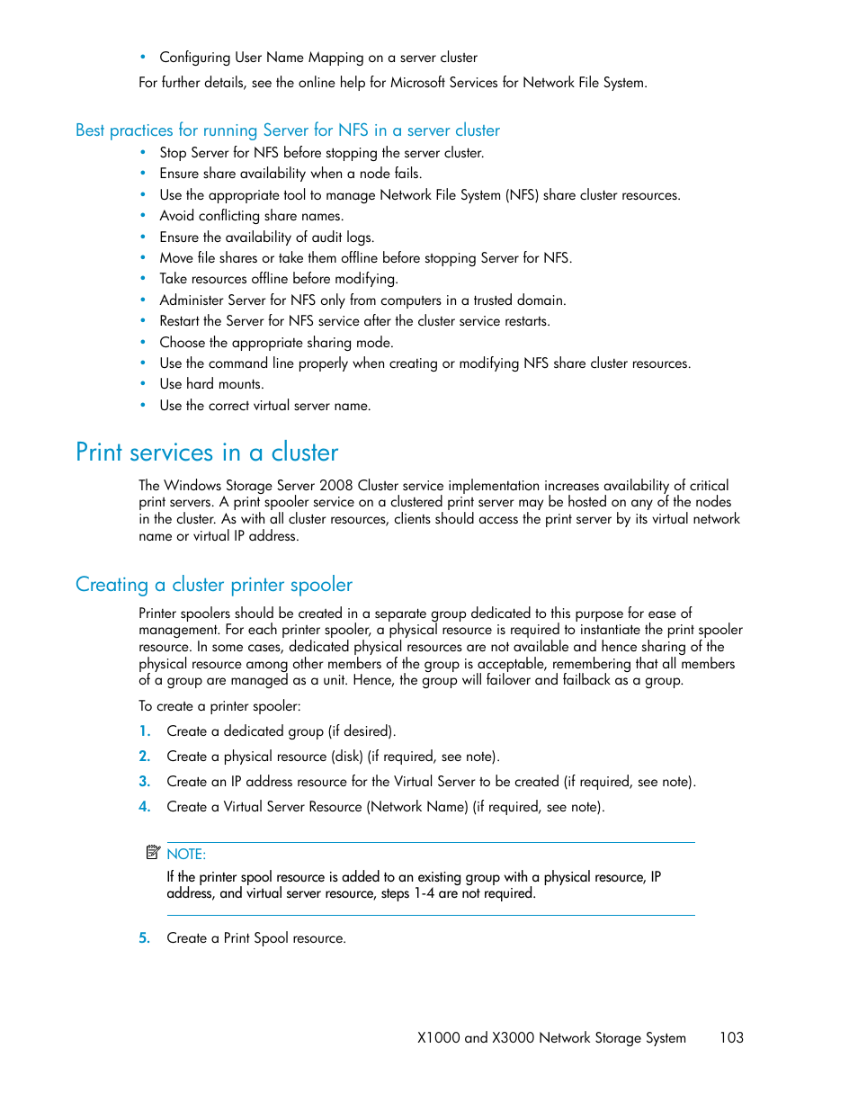 Print services in a cluster, Creating a cluster printer spooler | HP StorageWorks X3000 Network Storage Systems User Manual | Page 103 / 130