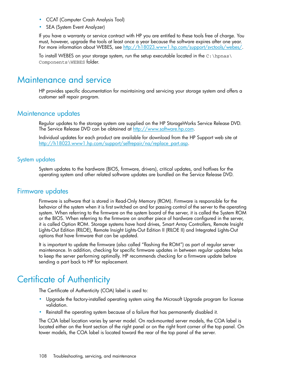 Maintenance and service, Maintenance updates, System updates | Firmware updates, Certificate of authenticity | HP StorageWorks X3000 Network Storage Systems User Manual | Page 108 / 130