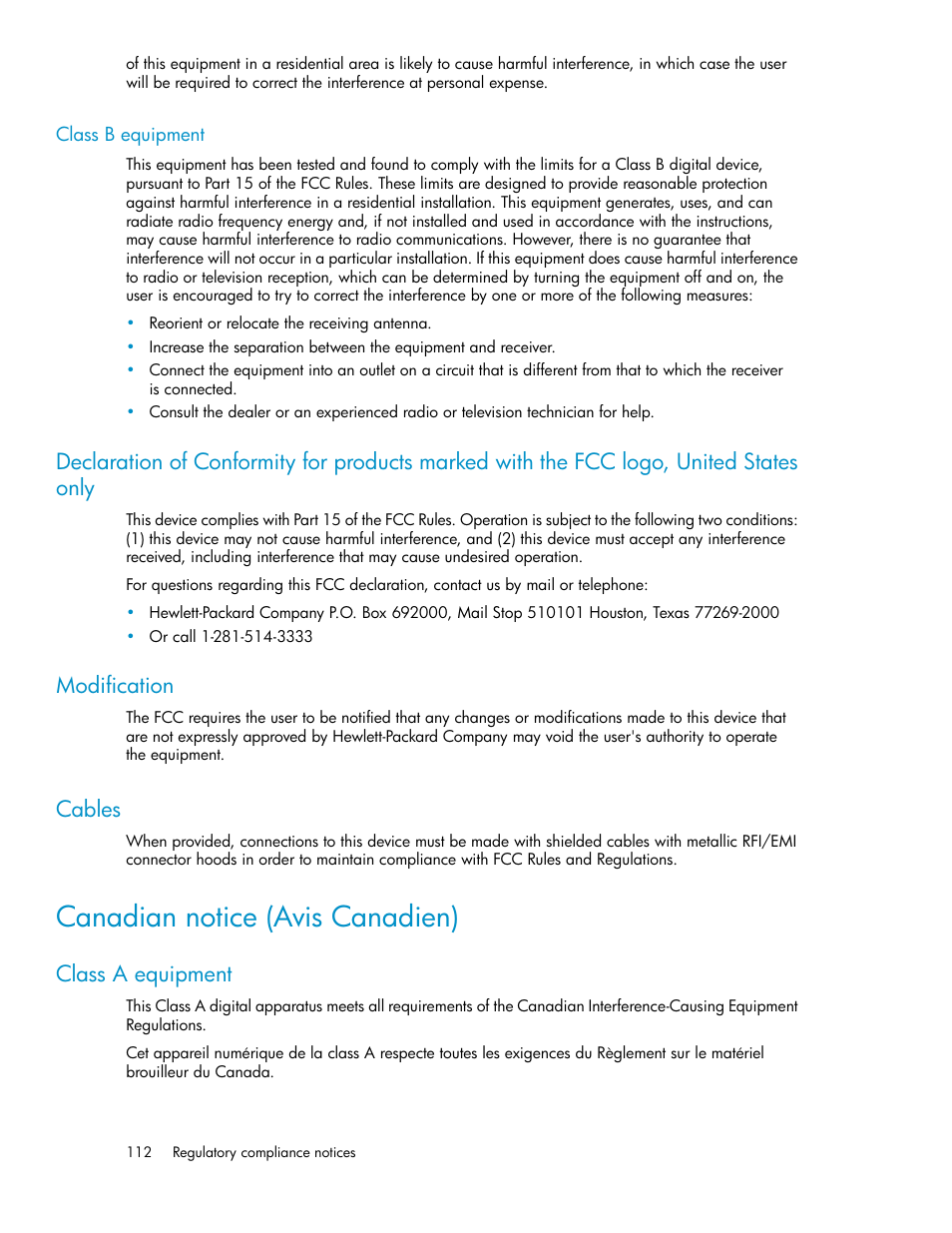 Class b equipment, Modification, Cables | Canadian notice (avis canadien), Class a equipment, 112 modification, 112 cables | HP StorageWorks X3000 Network Storage Systems User Manual | Page 112 / 130