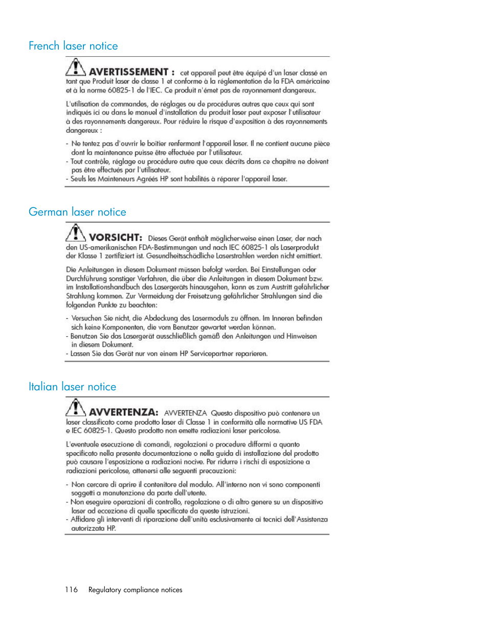 French laser notice, German laser notice, Italian laser notice | 116 german laser notice, 116 italian laser notice | HP StorageWorks X3000 Network Storage Systems User Manual | Page 116 / 130