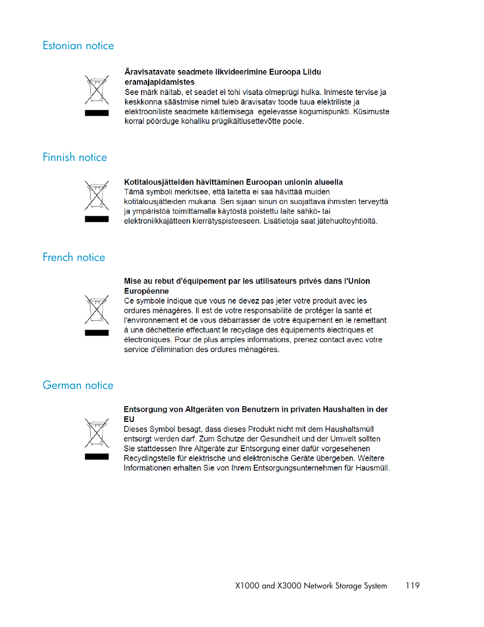 Estonian notice, Finnish notice, French notice | German notice, 119 finnish notice, 119 french notice, 119 german notice | HP StorageWorks X3000 Network Storage Systems User Manual | Page 119 / 130