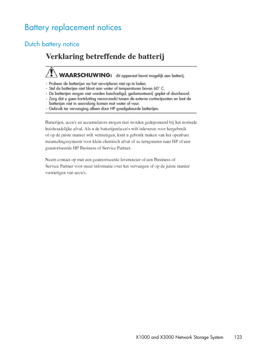 Battery replacement notices, Dutch battery notice | HP StorageWorks X3000 Network Storage Systems User Manual | Page 123 / 130