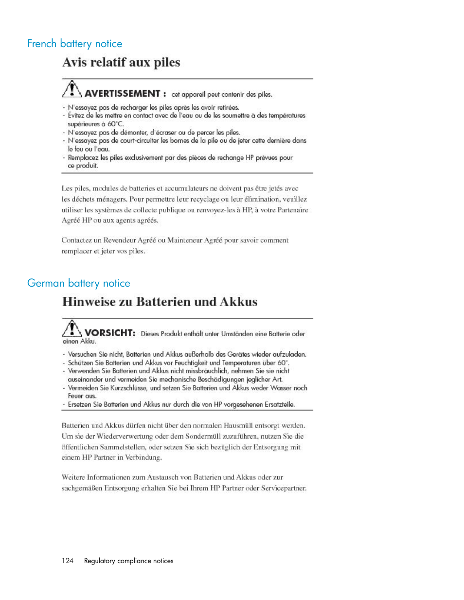 French battery notice, German battery notice, 124 german battery notice | French battery notice german battery notice | HP StorageWorks X3000 Network Storage Systems User Manual | Page 124 / 130