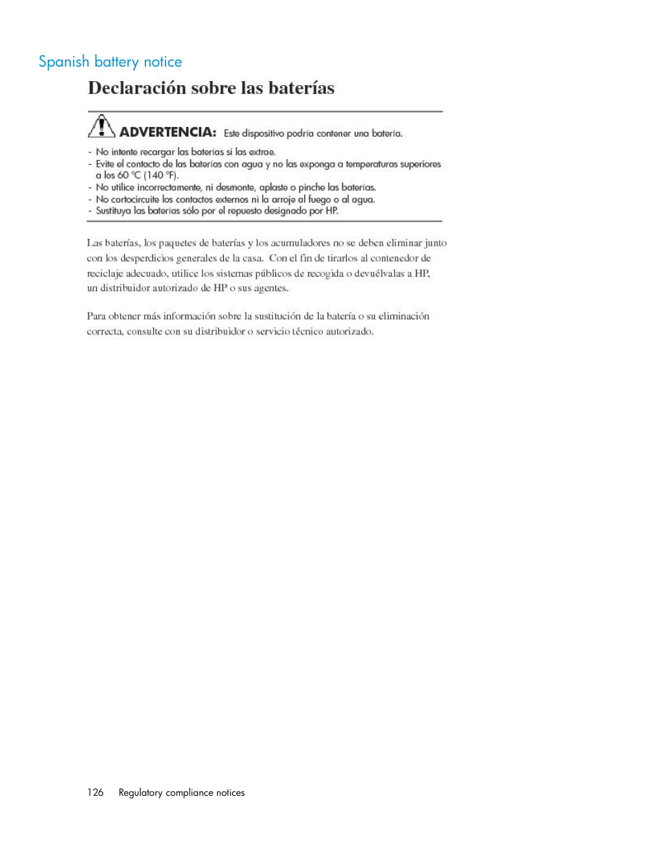 Spanish battery notice | HP StorageWorks X3000 Network Storage Systems User Manual | Page 126 / 130