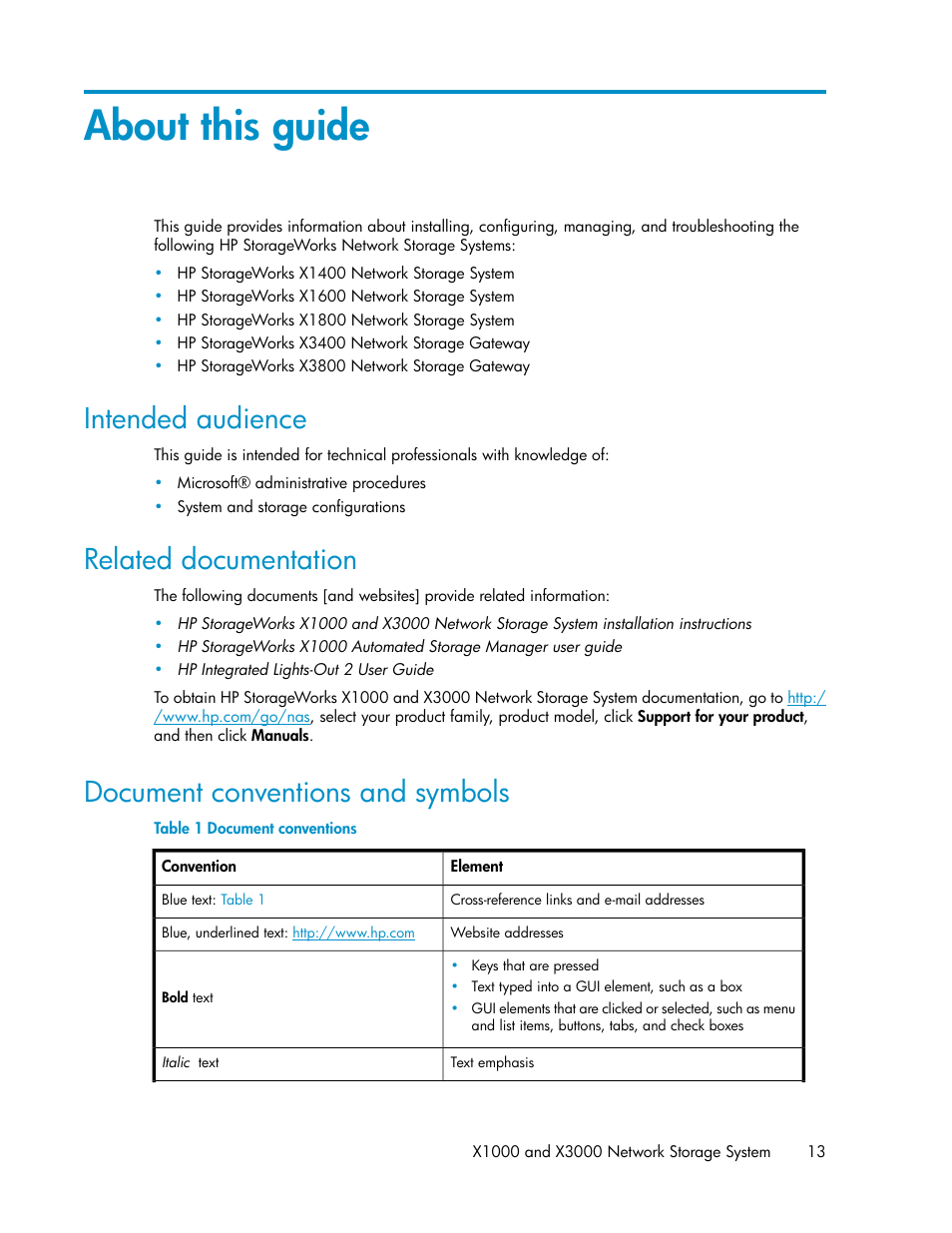 About this guide, Intended audience, Related documentation | Document conventions and symbols, 13 related documentation, 13 document conventions and symbols, Document conventions | HP StorageWorks X3000 Network Storage Systems User Manual | Page 13 / 130