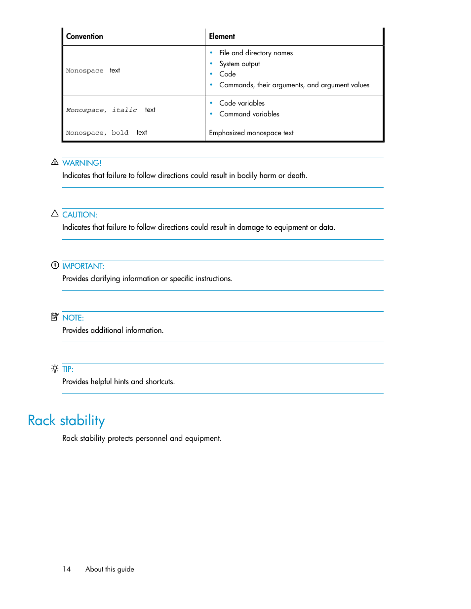 Rack stability | HP StorageWorks X3000 Network Storage Systems User Manual | Page 14 / 130