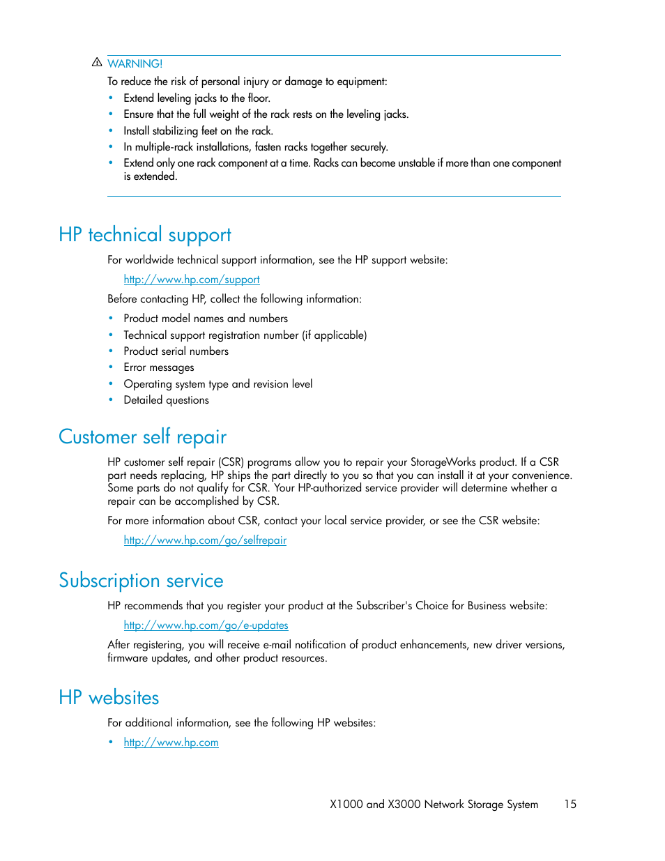 Hp technical support, Customer self repair, Subscription service | Hp websites, 15 customer self repair, 15 subscription service, 15 hp websites | HP StorageWorks X3000 Network Storage Systems User Manual | Page 15 / 130