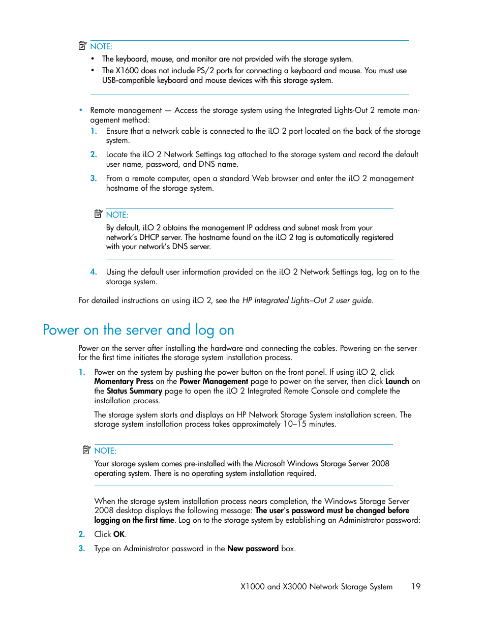 Power on the server and log on | HP StorageWorks X3000 Network Storage Systems User Manual | Page 19 / 130