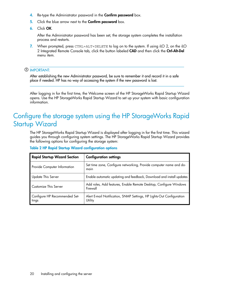 Hp rapid startup wizard configuration options | HP StorageWorks X3000 Network Storage Systems User Manual | Page 20 / 130