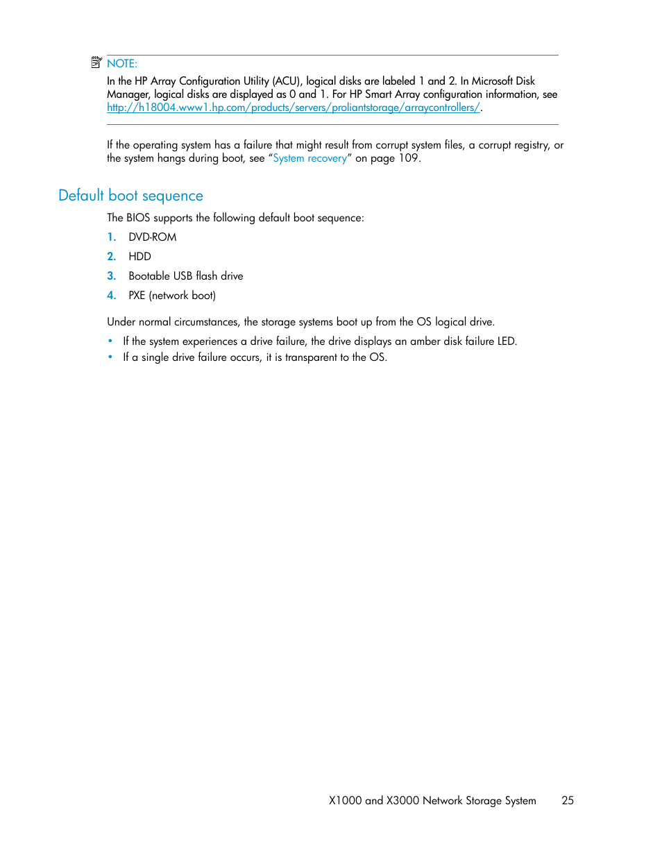 Default boot sequence | HP StorageWorks X3000 Network Storage Systems User Manual | Page 25 / 130