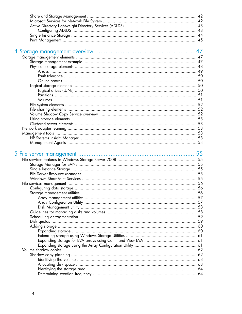 4 storage management overview, 5 file server management | HP StorageWorks X3000 Network Storage Systems User Manual | Page 4 / 130