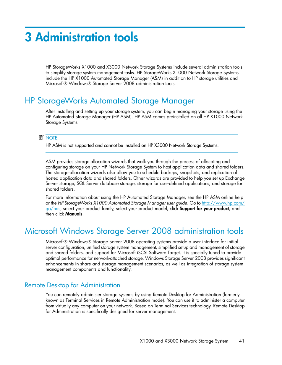 3 administration tools, Hp storageworks automated storage manager, Remote desktop for administration | HP StorageWorks X3000 Network Storage Systems User Manual | Page 41 / 130