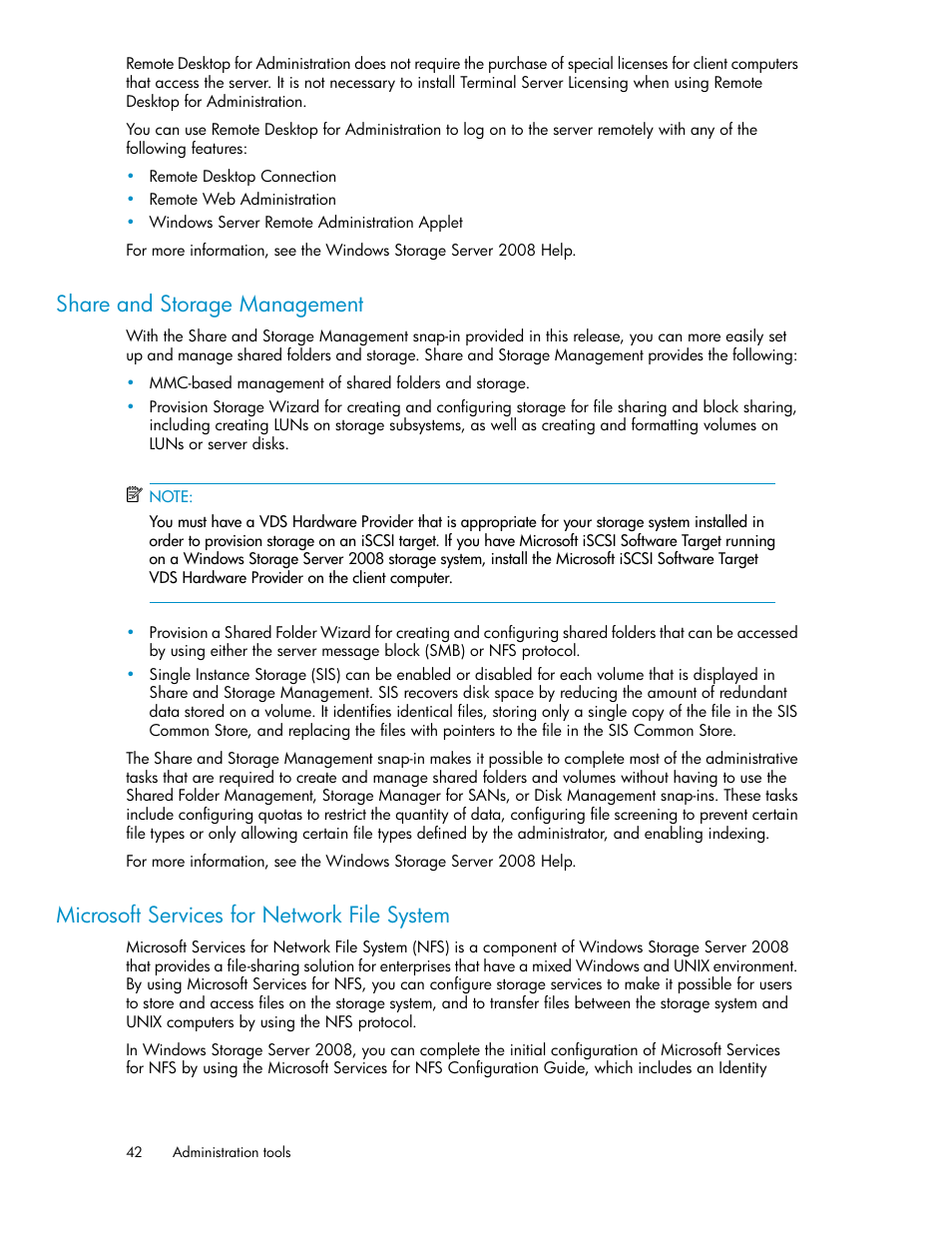 Share and storage management, Microsoft services for network file system, 42 microsoft services for network file system | HP StorageWorks X3000 Network Storage Systems User Manual | Page 42 / 130