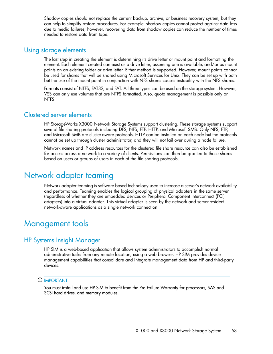 Using storage elements, Clustered server elements, Network adapter teaming | Management tools, Hp systems insight manager, 53 clustered server elements, 53 management tools | HP StorageWorks X3000 Network Storage Systems User Manual | Page 53 / 130