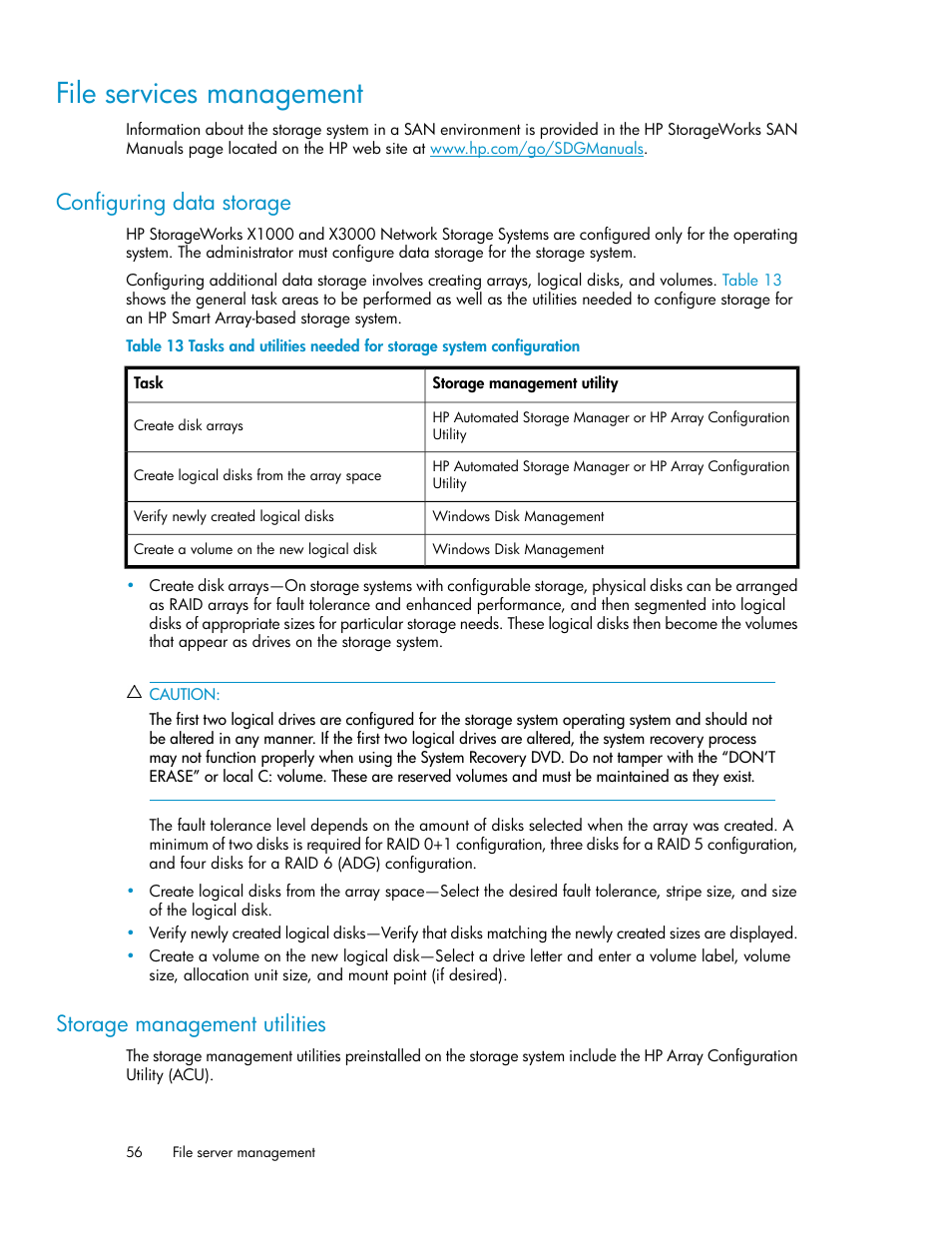 File services management, Configuring data storage, Storage management utilities | 56 storage management utilities | HP StorageWorks X3000 Network Storage Systems User Manual | Page 56 / 130