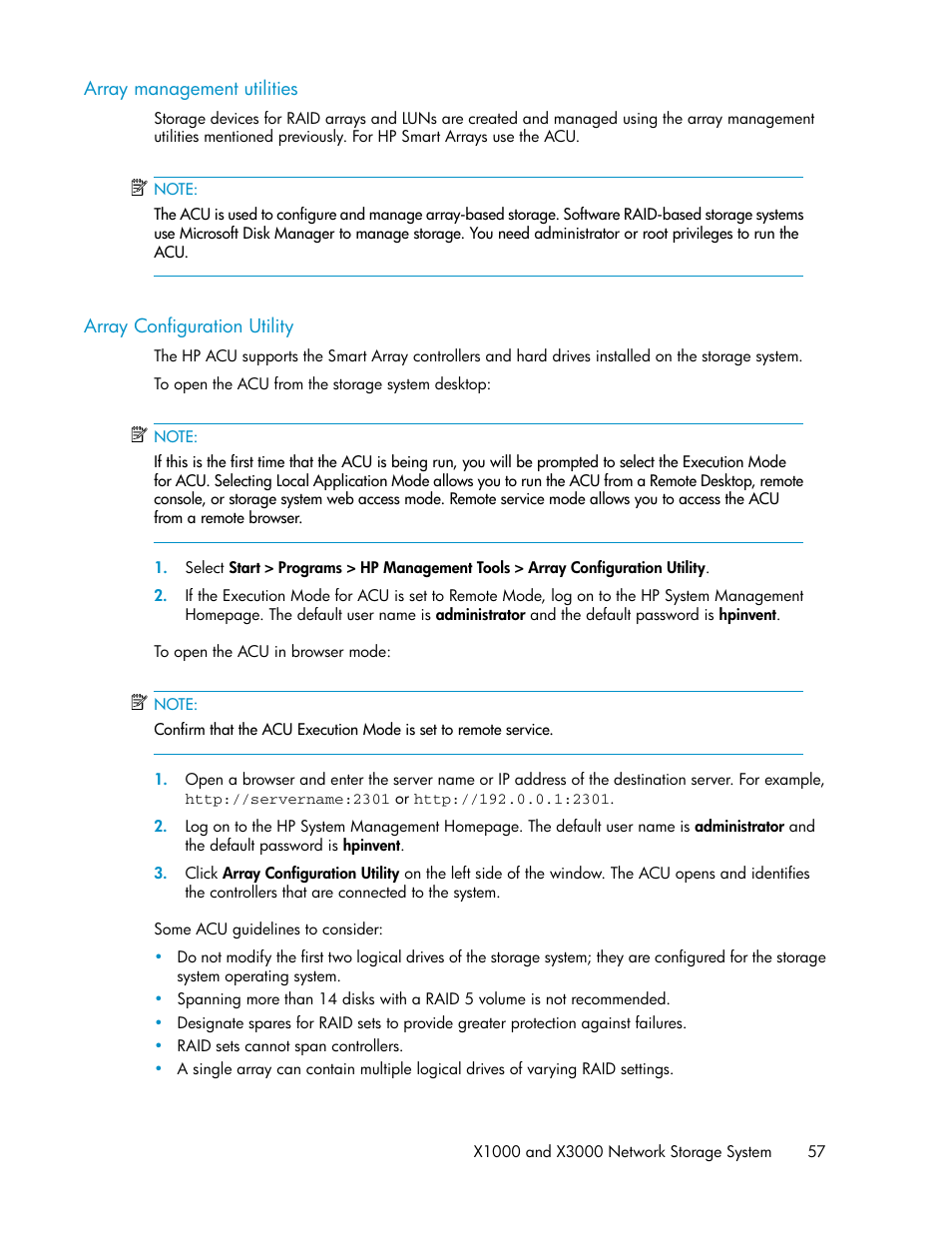 Array management utilities, Array configuration utility, 57 array configuration utility | HP StorageWorks X3000 Network Storage Systems User Manual | Page 57 / 130