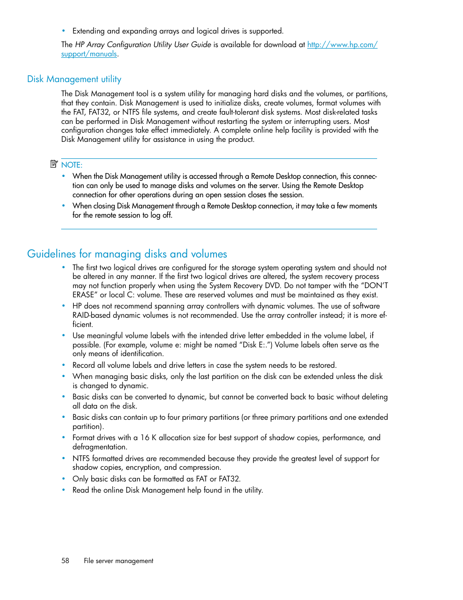 Disk management utility, Guidelines for managing disks and volumes | HP StorageWorks X3000 Network Storage Systems User Manual | Page 58 / 130