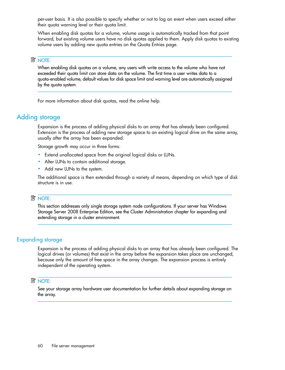 Adding storage, Expanding storage | HP StorageWorks X3000 Network Storage Systems User Manual | Page 60 / 130