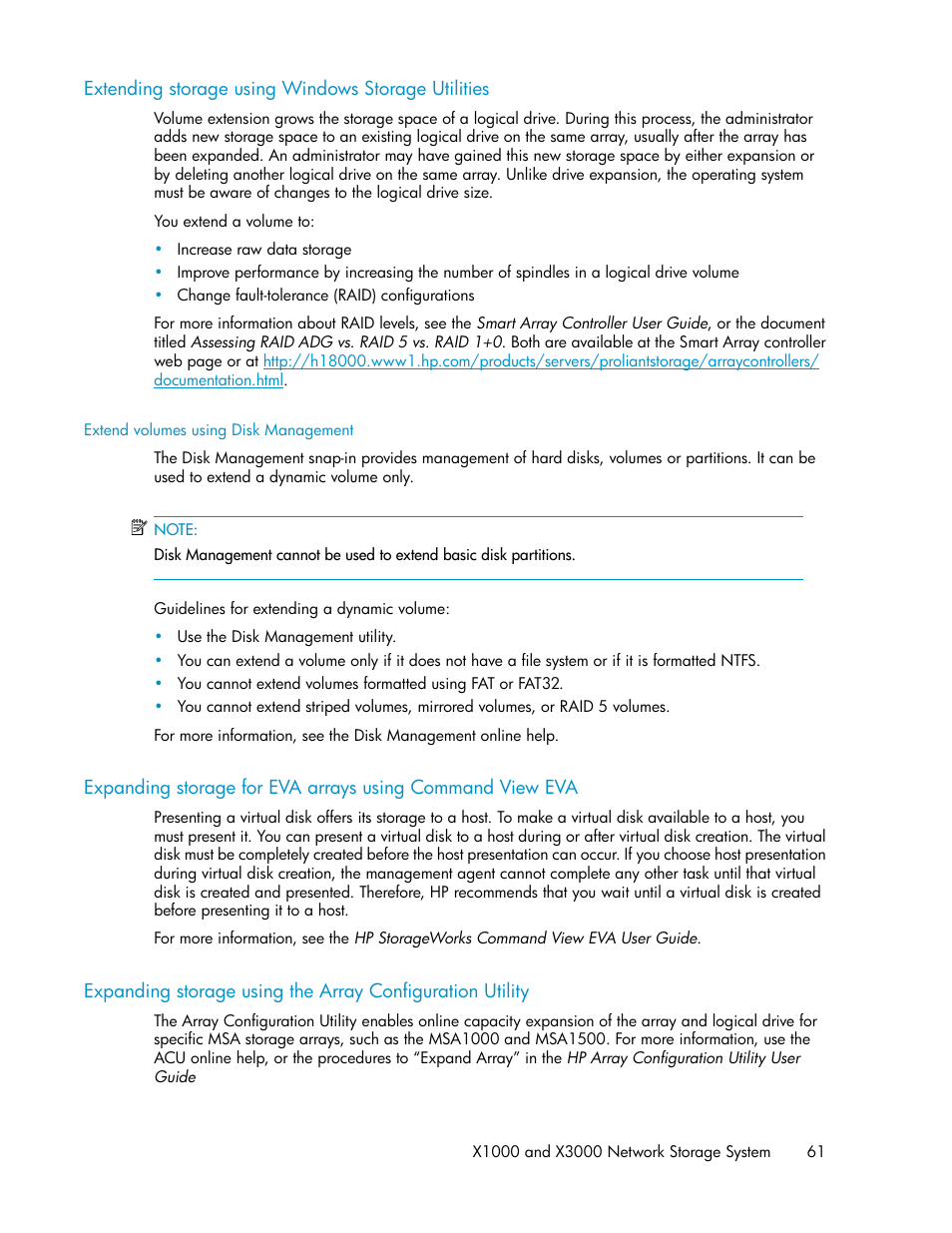 Extending storage using windows storage utilities, Extend volumes using disk management | HP StorageWorks X3000 Network Storage Systems User Manual | Page 61 / 130