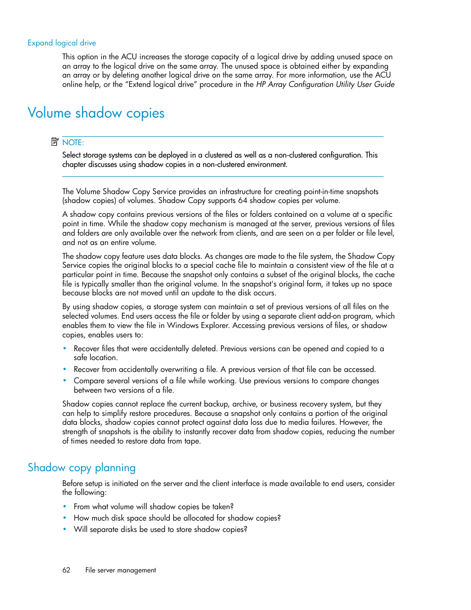 Expand logical drive, Volume shadow copies, Shadow copy planning | HP StorageWorks X3000 Network Storage Systems User Manual | Page 62 / 130