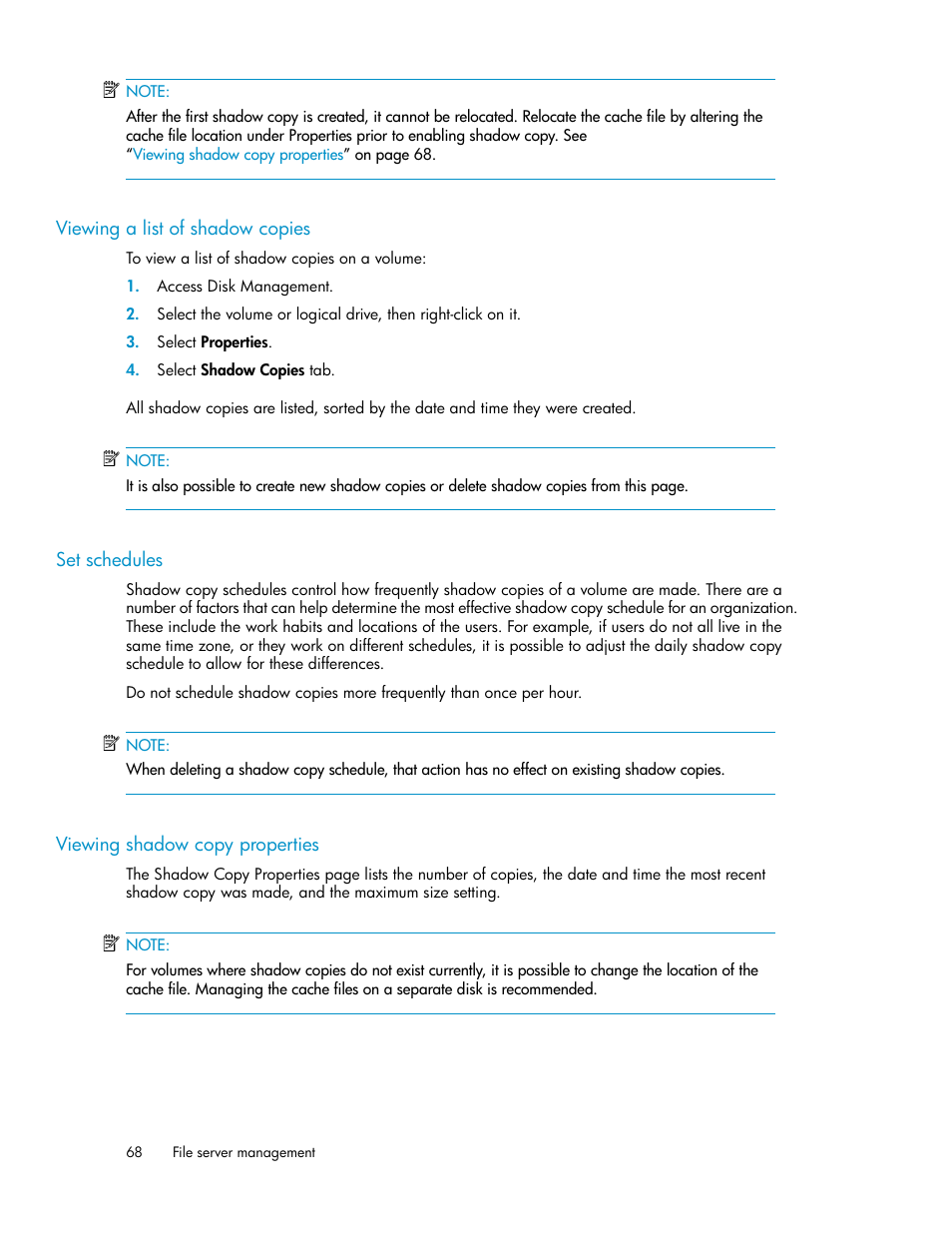 Viewing a list of shadow copies, Set schedules, Viewing shadow copy properties | 68 set schedules, 68 viewing shadow copy properties | HP StorageWorks X3000 Network Storage Systems User Manual | Page 68 / 130