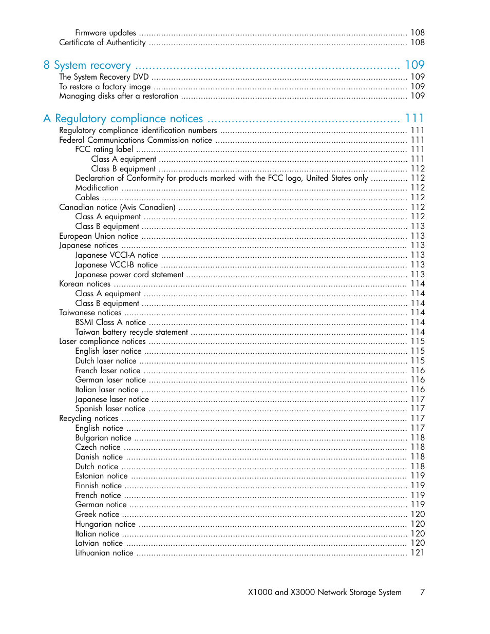 8 system recovery, A regulatory compliance notices | HP StorageWorks X3000 Network Storage Systems User Manual | Page 7 / 130