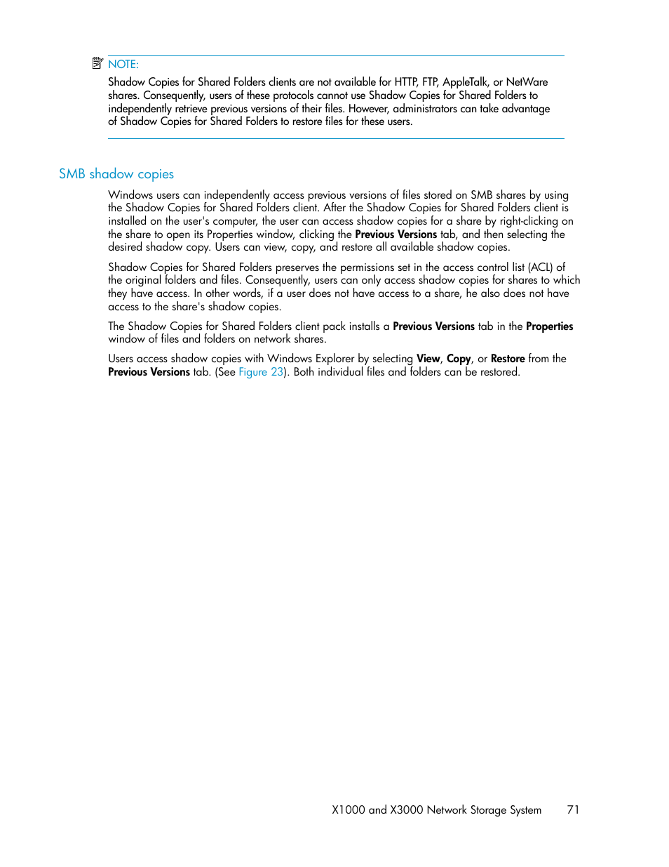 Smb shadow copies | HP StorageWorks X3000 Network Storage Systems User Manual | Page 71 / 130