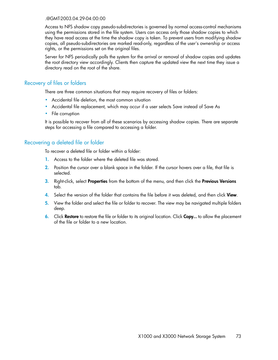 Recovery of files or folders, Recovering a deleted file or folder, 73 recovering a deleted file or folder | HP StorageWorks X3000 Network Storage Systems User Manual | Page 73 / 130