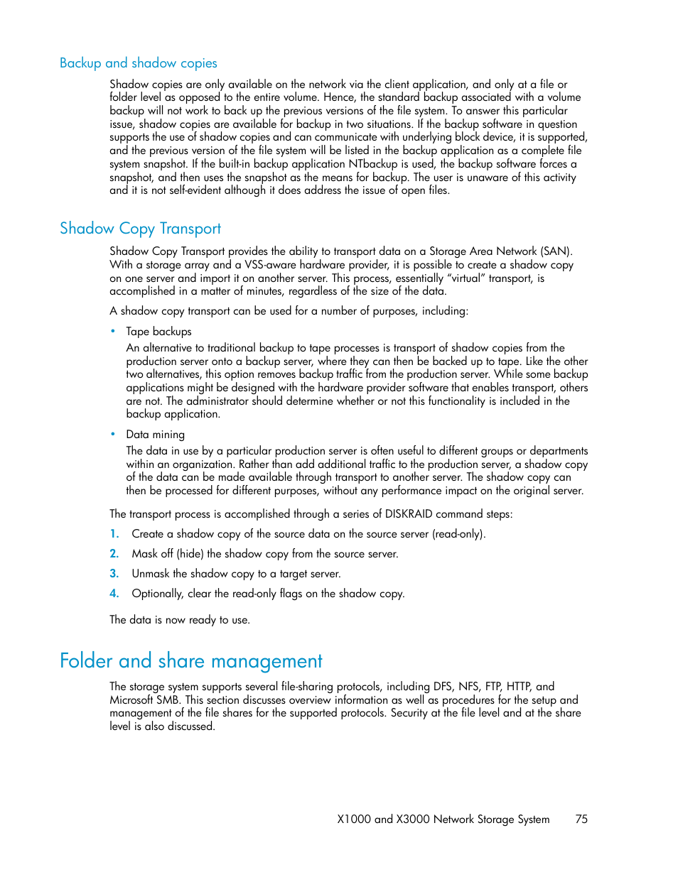 Backup and shadow copies, Shadow copy transport, Folder and share management | HP StorageWorks X3000 Network Storage Systems User Manual | Page 75 / 130