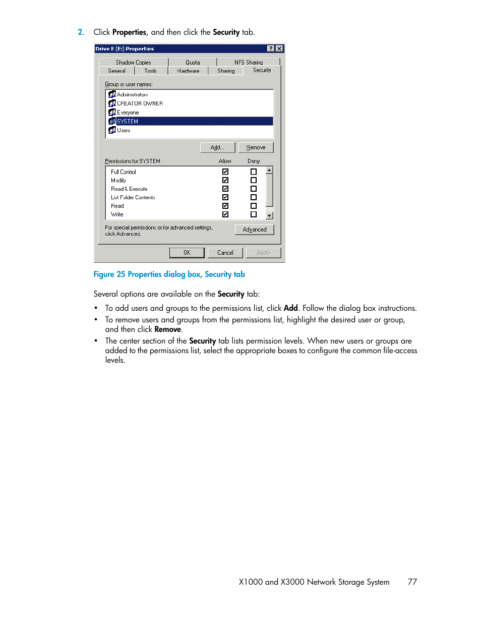 Properties dialog box, security tab | HP StorageWorks X3000 Network Storage Systems User Manual | Page 77 / 130