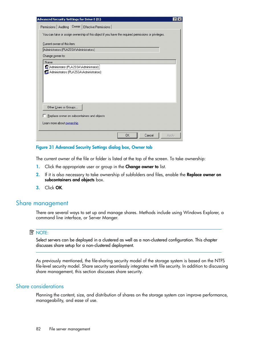 Share management, Share considerations, Advanced security settings dialog box, owner tab | HP StorageWorks X3000 Network Storage Systems User Manual | Page 82 / 130