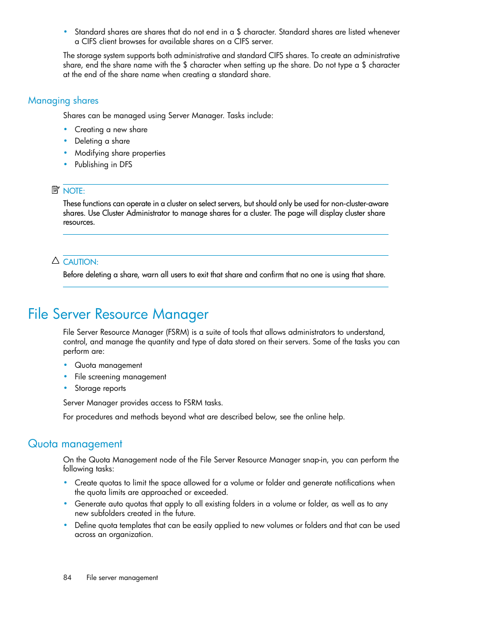 Managing shares, File server resource manager, Quota management | HP StorageWorks X3000 Network Storage Systems User Manual | Page 84 / 130