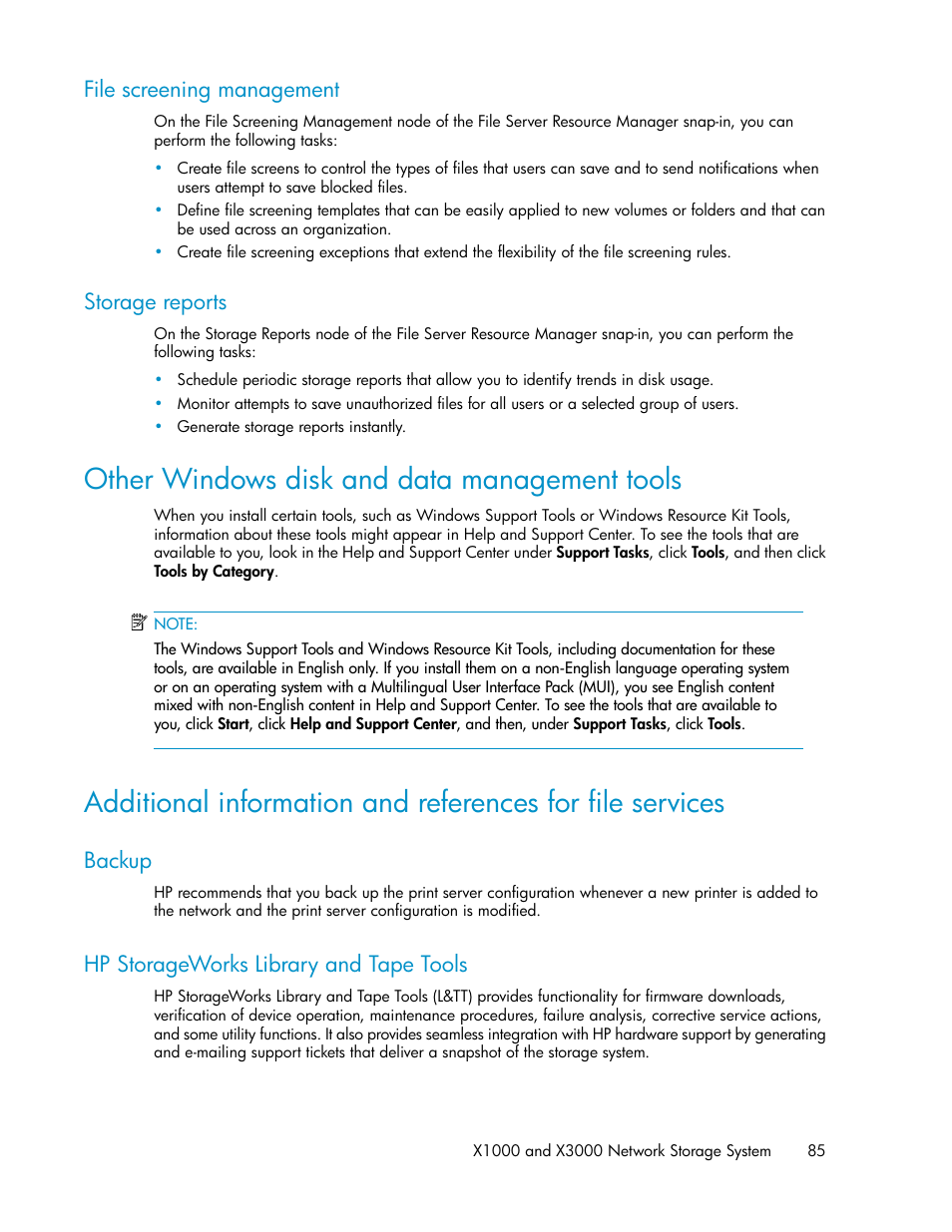 File screening management, Storage reports, Other windows disk and data management tools | Backup, Hp storageworks library and tape tools, 85 storage reports, 85 hp storageworks library and tape tools | HP StorageWorks X3000 Network Storage Systems User Manual | Page 85 / 130