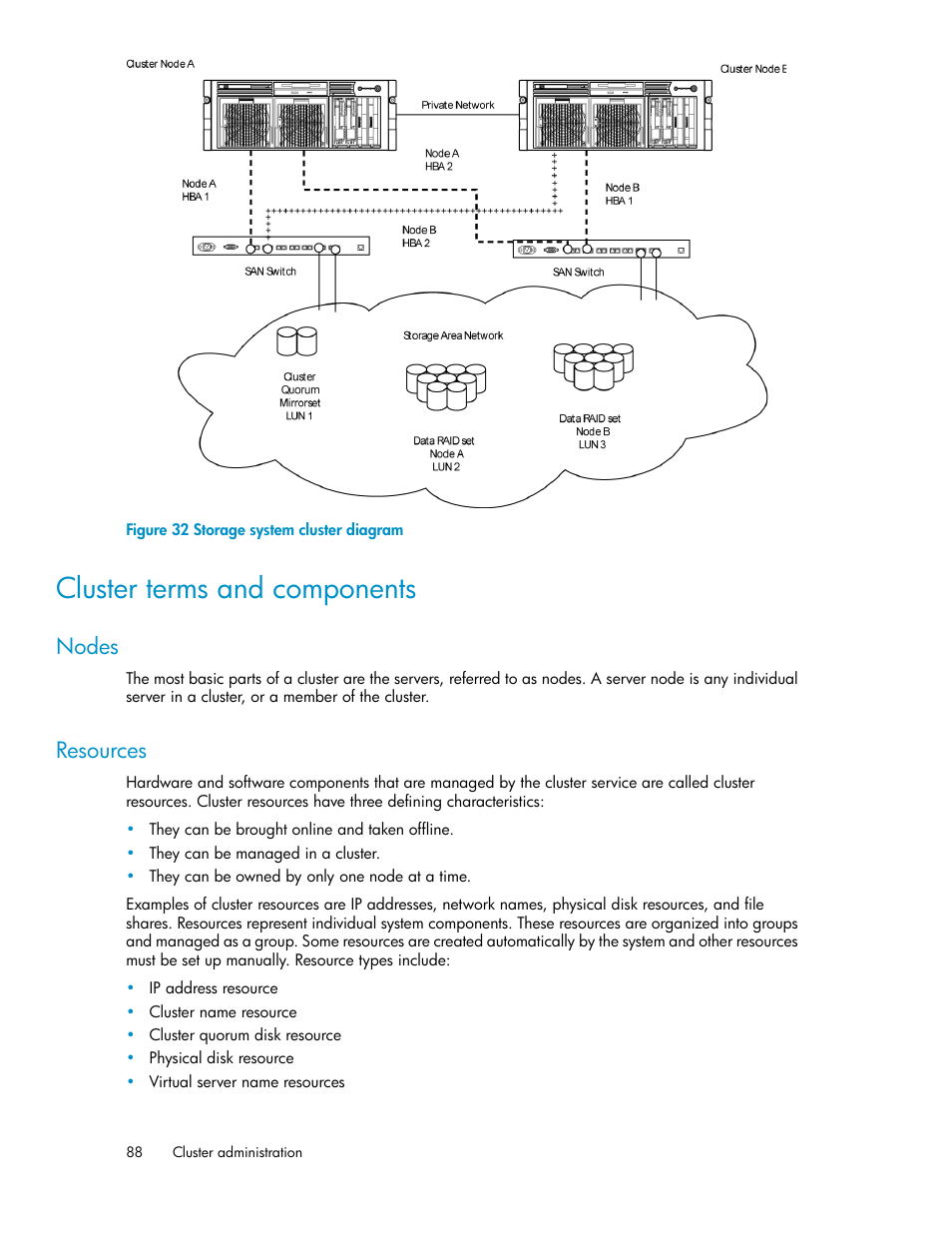 Cluster terms and components, Nodes, Resources | 88 resources, Storage system cluster diagram | HP StorageWorks X3000 Network Storage Systems User Manual | Page 88 / 130