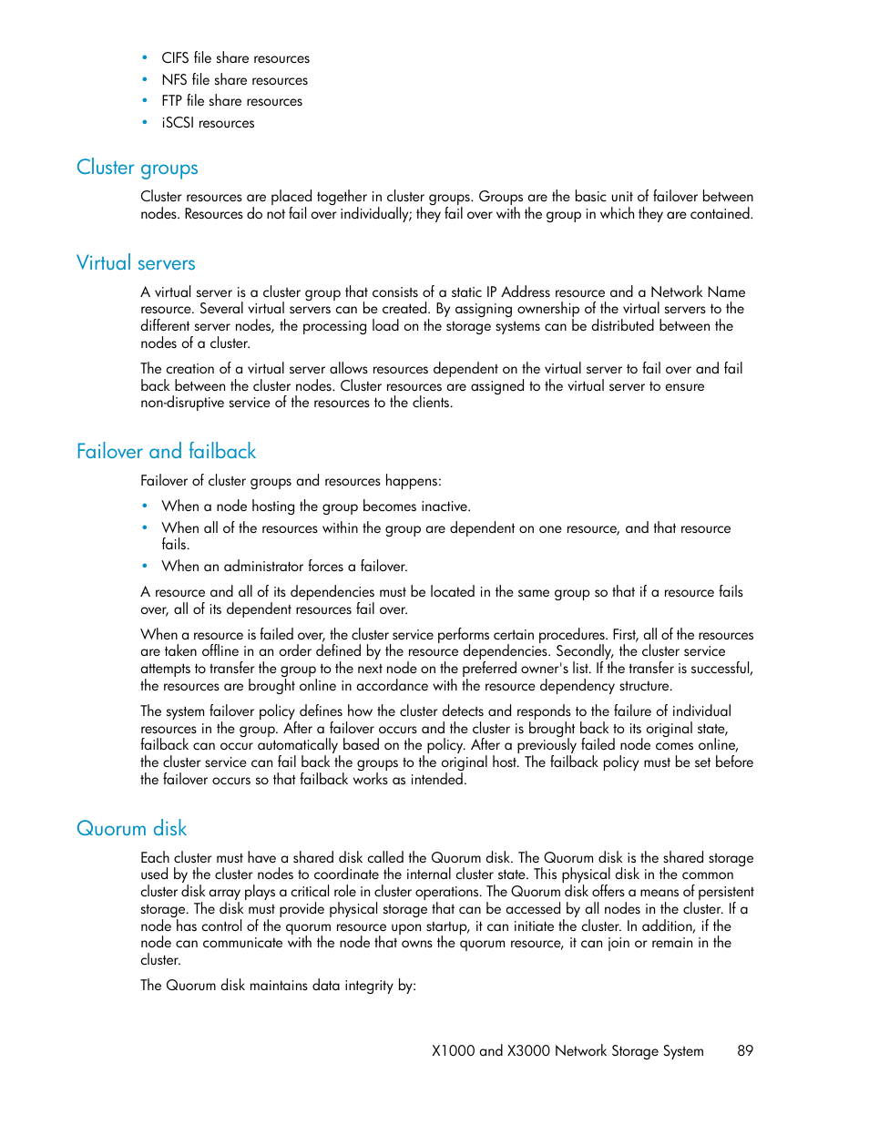 Cluster groups, Virtual servers, Failover and failback | Quorum disk, 89 virtual servers, 89 failover and failback, 89 quorum disk | HP StorageWorks X3000 Network Storage Systems User Manual | Page 89 / 130