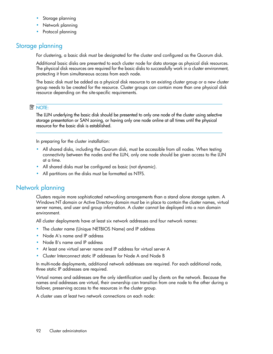 Storage planning, Network planning, 92 network planning | HP StorageWorks X3000 Network Storage Systems User Manual | Page 92 / 130