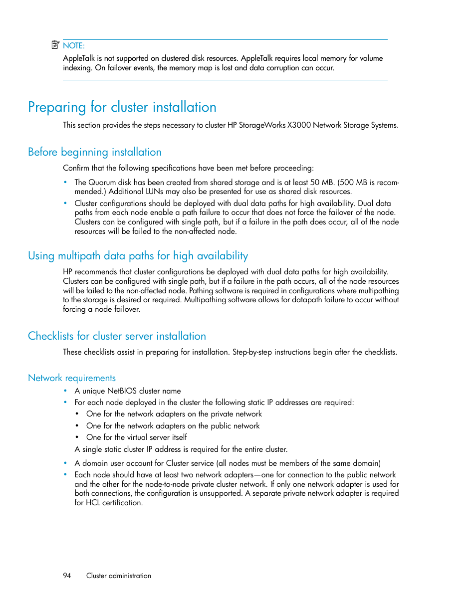 Preparing for cluster installation, Before beginning installation, Using multipath data paths for high availability | Checklists for cluster server installation, Network requirements, 94 checklists for cluster server installation | HP StorageWorks X3000 Network Storage Systems User Manual | Page 94 / 130