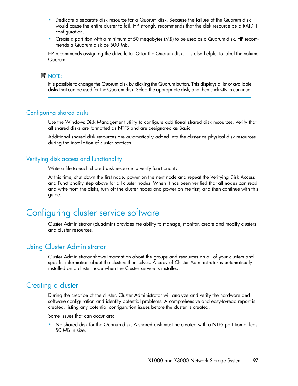 Configuring shared disks, Verifying disk access and functionality, Configuring cluster service software | Using cluster administrator, Creating a cluster, 97 verifying disk access and functionality, 97 creating a cluster | HP StorageWorks X3000 Network Storage Systems User Manual | Page 97 / 130