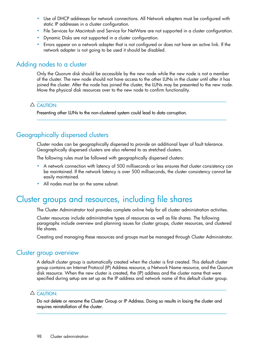 Adding nodes to a cluster, Geographically dispersed clusters, Cluster group overview | 98 geographically dispersed clusters | HP StorageWorks X3000 Network Storage Systems User Manual | Page 98 / 130