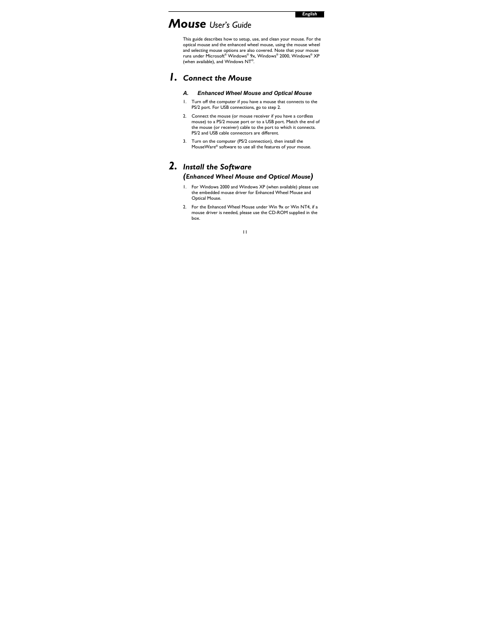Connect the mouse, Enhanced wheel mouse and optical mouse, Mouse | User’s guide, Install the software | HP Two-button Mouse User Manual | Page 12 / 20
