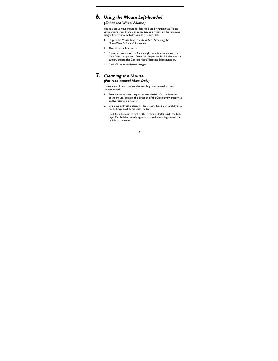 Using the mouse left-handed (enhanced wheel mouse), Cleaning the mouse (for non-optical mice only) | HP Two-button Mouse User Manual | Page 19 / 20