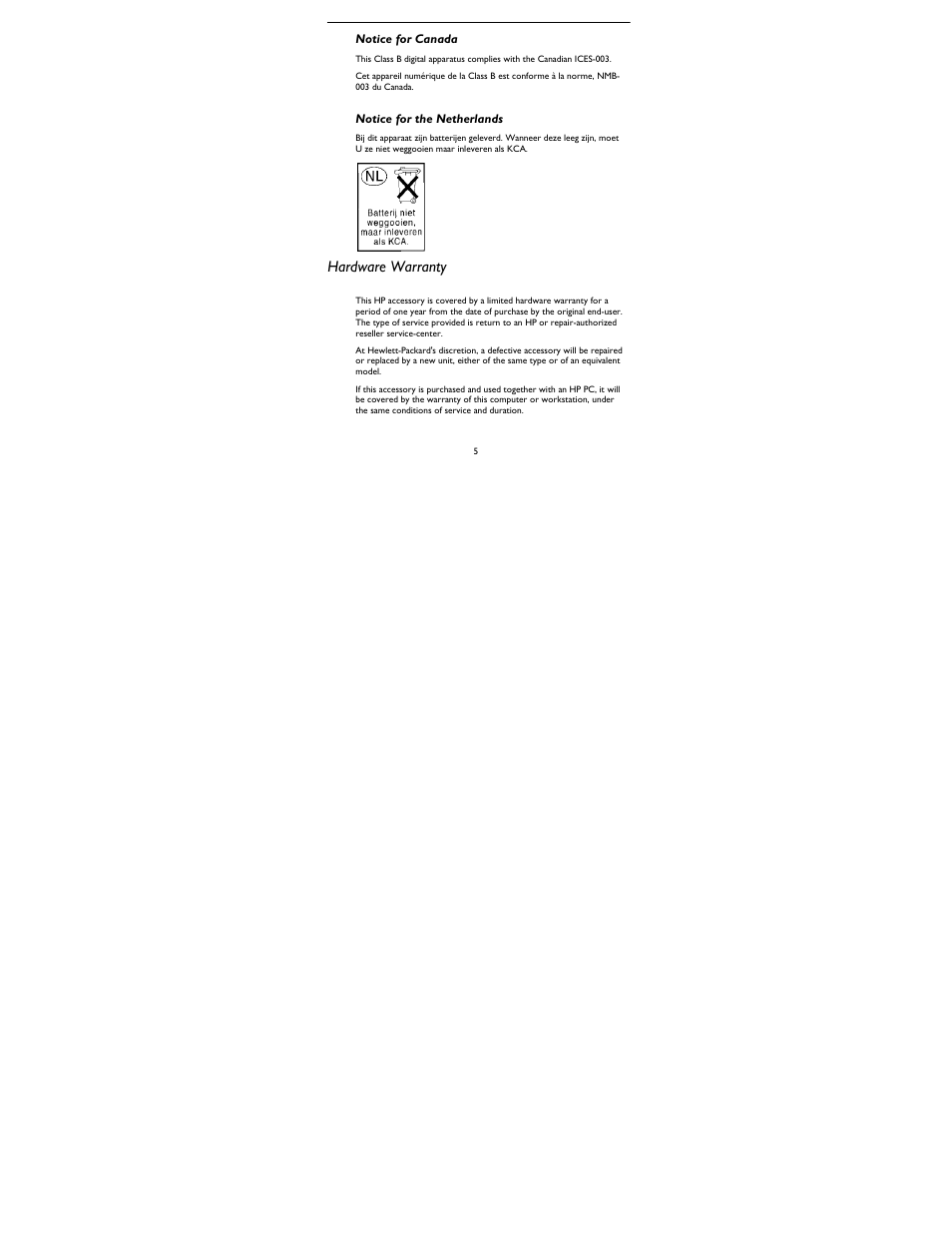 Hardware warranty | HP Two-button Mouse User Manual | Page 5 / 20