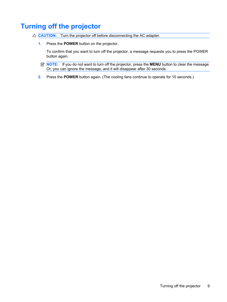 Turning off the projector | HP Notebook Projection Companion User Manual | Page 13 / 23