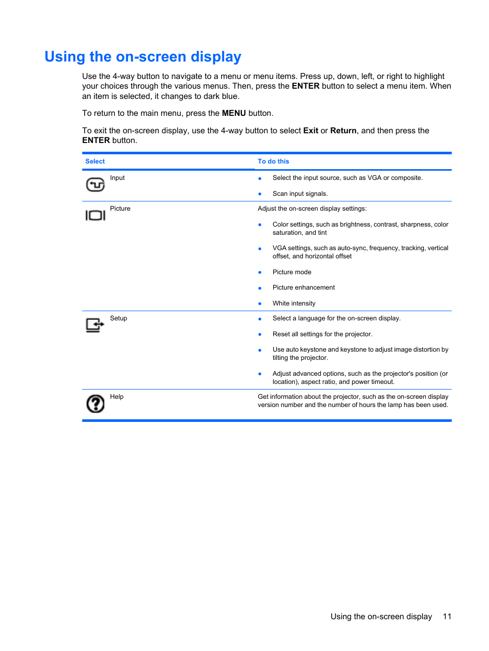 Using the on-screen display | HP Notebook Projection Companion User Manual | Page 15 / 23