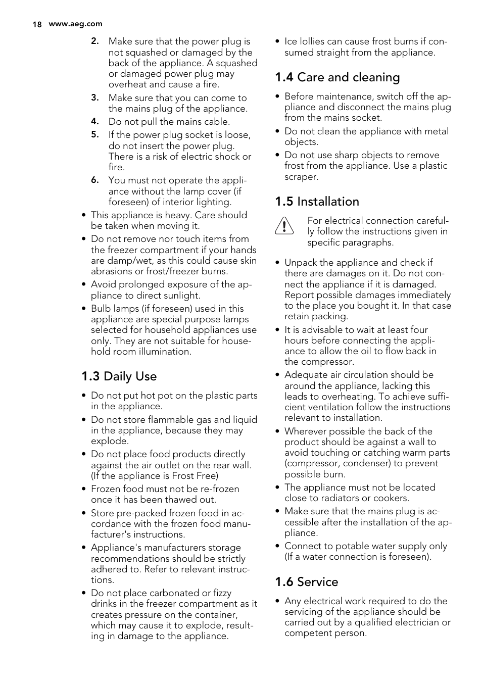 3 daily use, 4 care and cleaning, 5 installation | 6 service | AEG AGS58200F0 User Manual | Page 18 / 72
